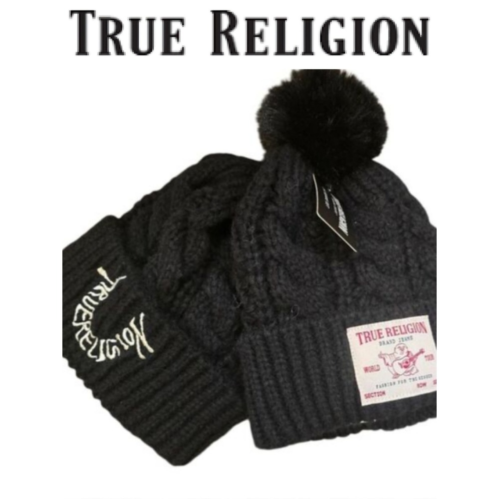 True Religion World Tour Logo 2-PK Pom & Cable Knit Beanie Hats